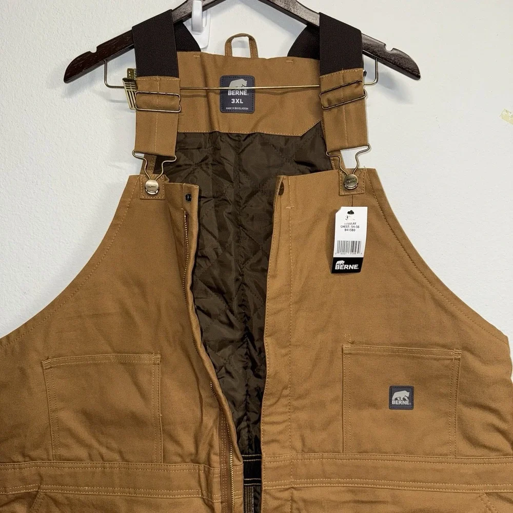 Berne Insulated Bib Overalls Mens 3XL Brown Duck Workwear Water Repellent - Picture 3 of 14
